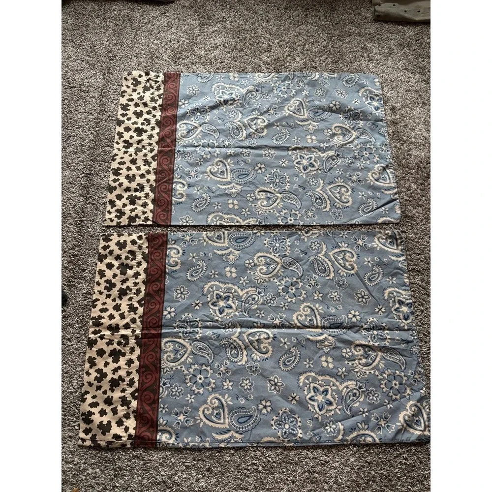 Vtg Western Standard‎ Pillowcase Set Blue Paisley Cow Print Cotton Royalton